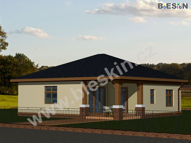 Projekt typového rodinného domu B - BIANCO s zastřešenou terasou pro klidné posezení a rovněž pro vstup do bungalovu 