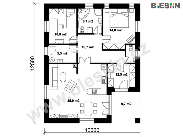 Typový projekt rodinného domu bungalov B - BIANCO s unikátním uspořádáním vnitřního prostoru 